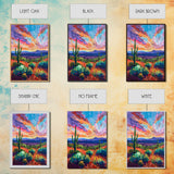 Framed Canvas Print, Cacti and Mountains at Sunset Wall Art, Vibrant Southwest Decor for Living Room or Bedroom, Nature Art Decoration Piece