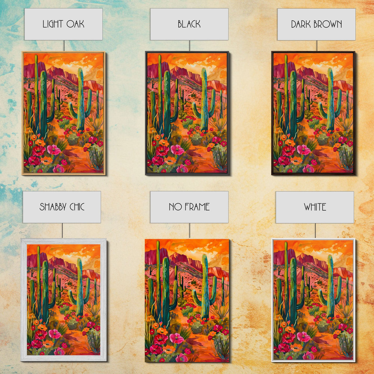Framed Canvas Print, Vibrant Desert Scene with Saguaro Cacti and Flowers, Unique Wall Art for Living Room or Bedroom