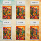 Framed Canvas Print, Vibrant Desert Scene with Saguaro Cacti and Flowers, Unique Wall Art for Living Room or Bedroom