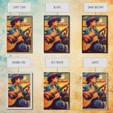 Country Cowboy playing guitar under a colorful sunset, pop art style Framed Canvas Print - music decor, country music art, vibrant wall art