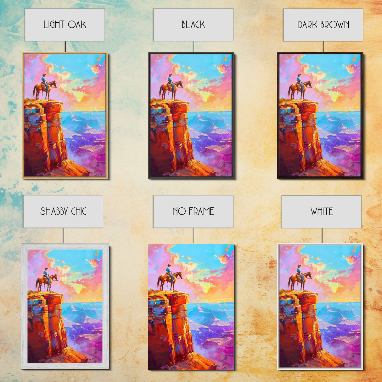 Cowboy on Cliff Edge at Sunset - Colorful Western Landscape Painting, Sunset Wall Art, Living Room Decor, Cowboy Canvas Print