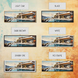 Midcentury Modern Architecture Painting Framed Canvas Print, Beautiful MCM House On Lake Tahoe, Livingroom Centerpiece Wall Art