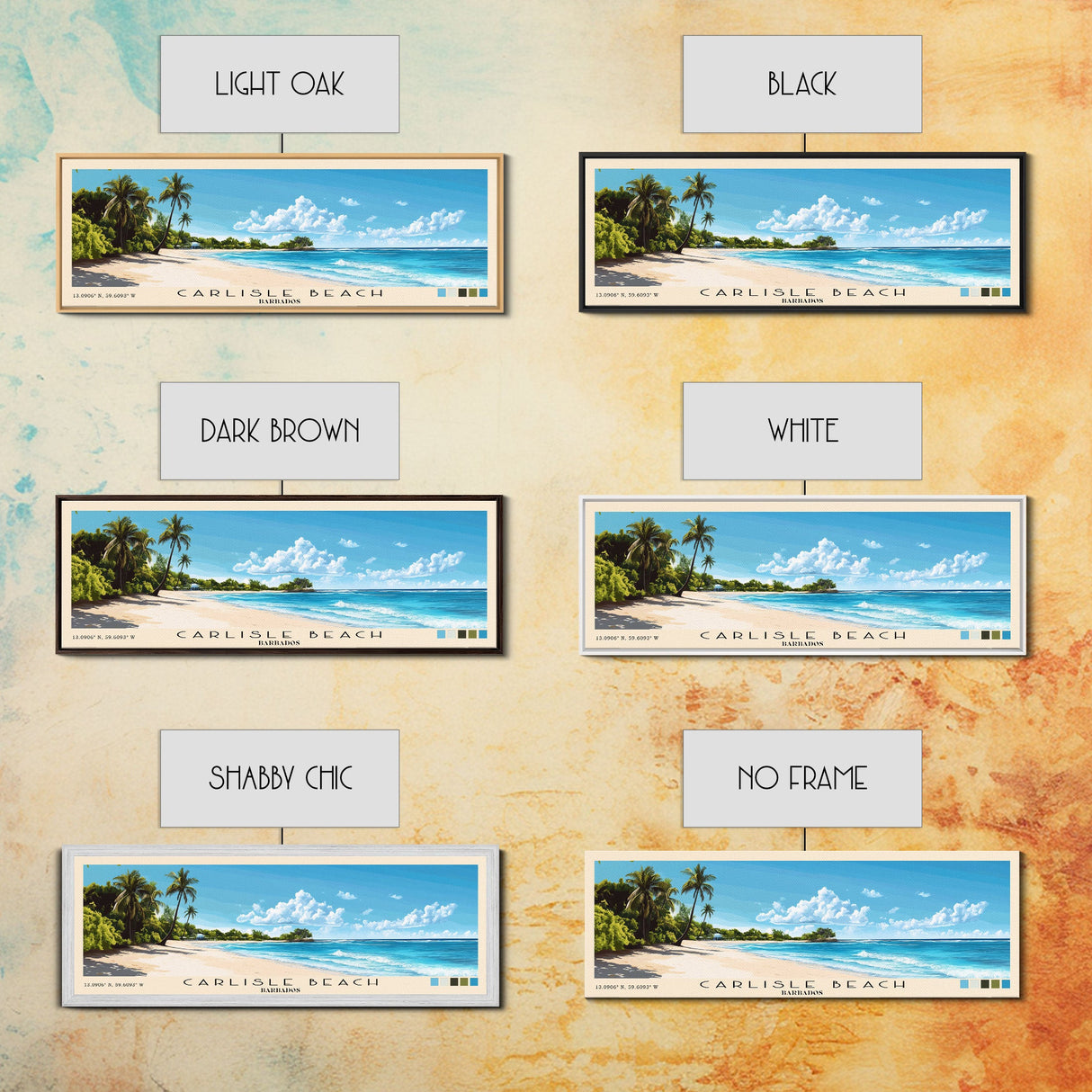 Carlisle Beach, Barbados Panoramic Beach Print, Vacation Gift, Barbados Wall Art, Framed Canvas Print, Framed Beach Painting