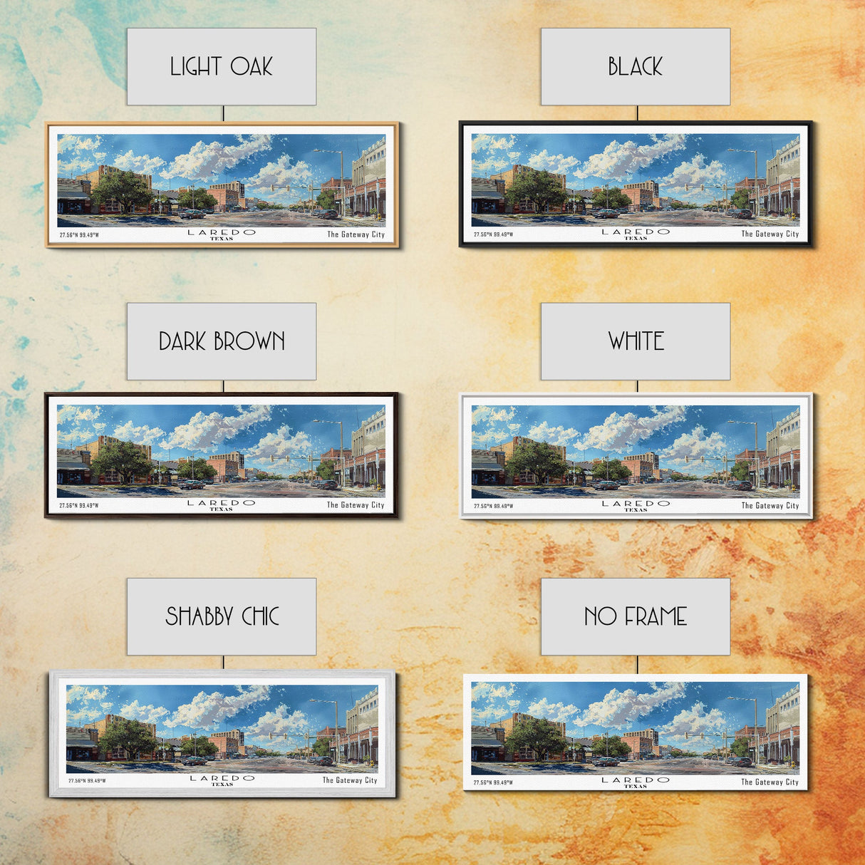 Laredo Texas Panoramic Cityscape Painting, Framed Canvas Print, Urban Decor, Office Wall Art, Watercolor Travel Poster, Home Decoration