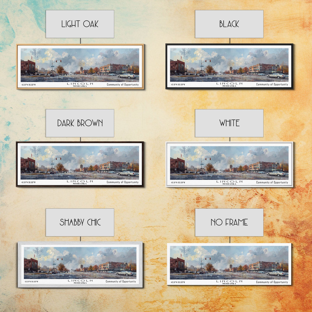 Lincoln Nebraska Panoramic Watercolor Cityscape, Framed Canvas Print for Living Room, Office Wall Art, Urban Decor, Travel Poster