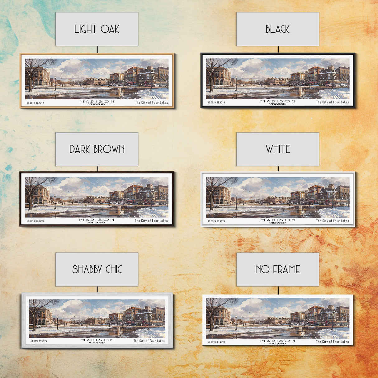 Madison Wisconsin Panoramic Watercolor Cityscape, Framed Canvas Print for Living Room, Office Wall Art, Urban Decor, Travel Poster