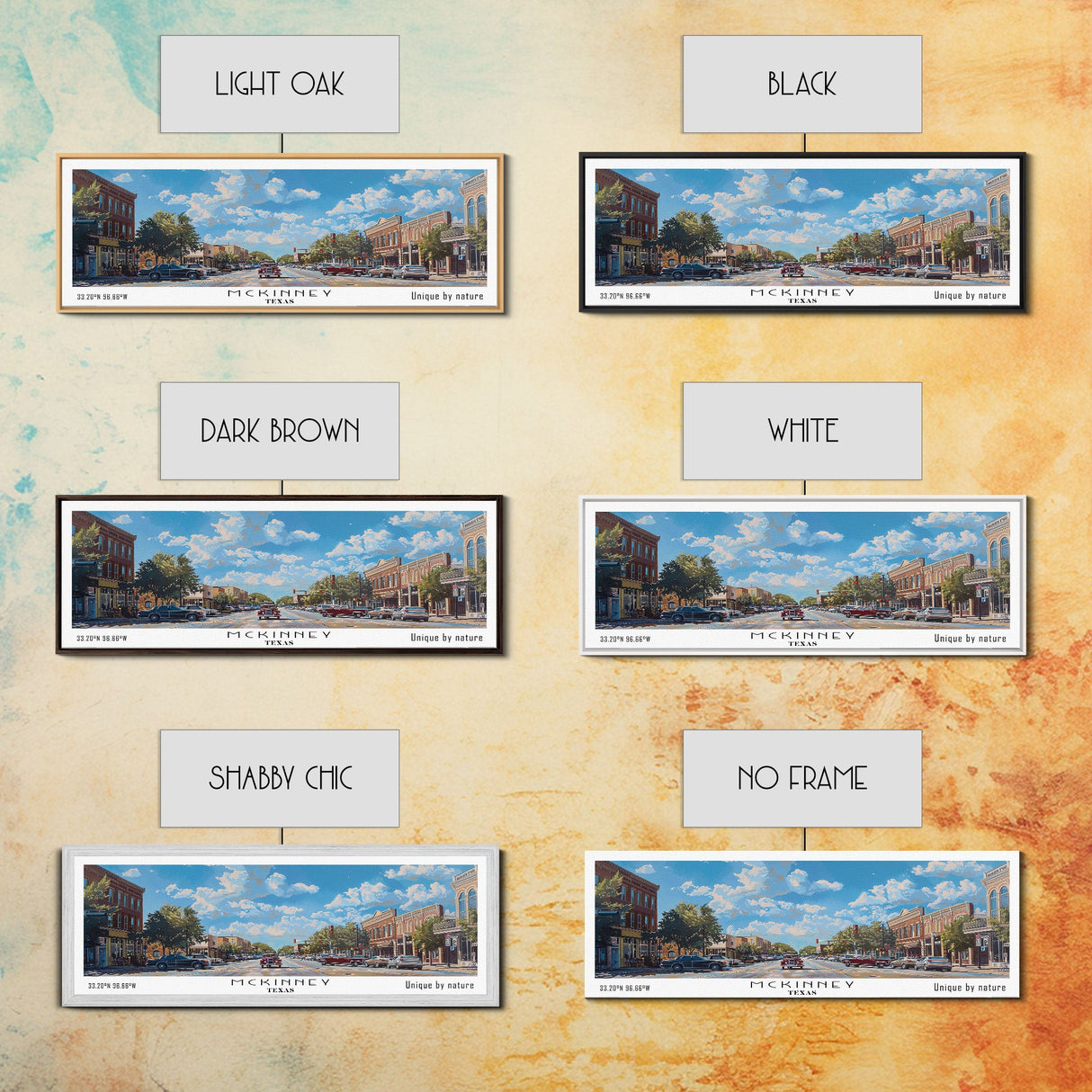 McKinney Texas Panoramic Framed Canvas Print, Beautiful Watercolor Art, Perfect Office Wall Decor, Living Room Art, Travel Poster, City Print