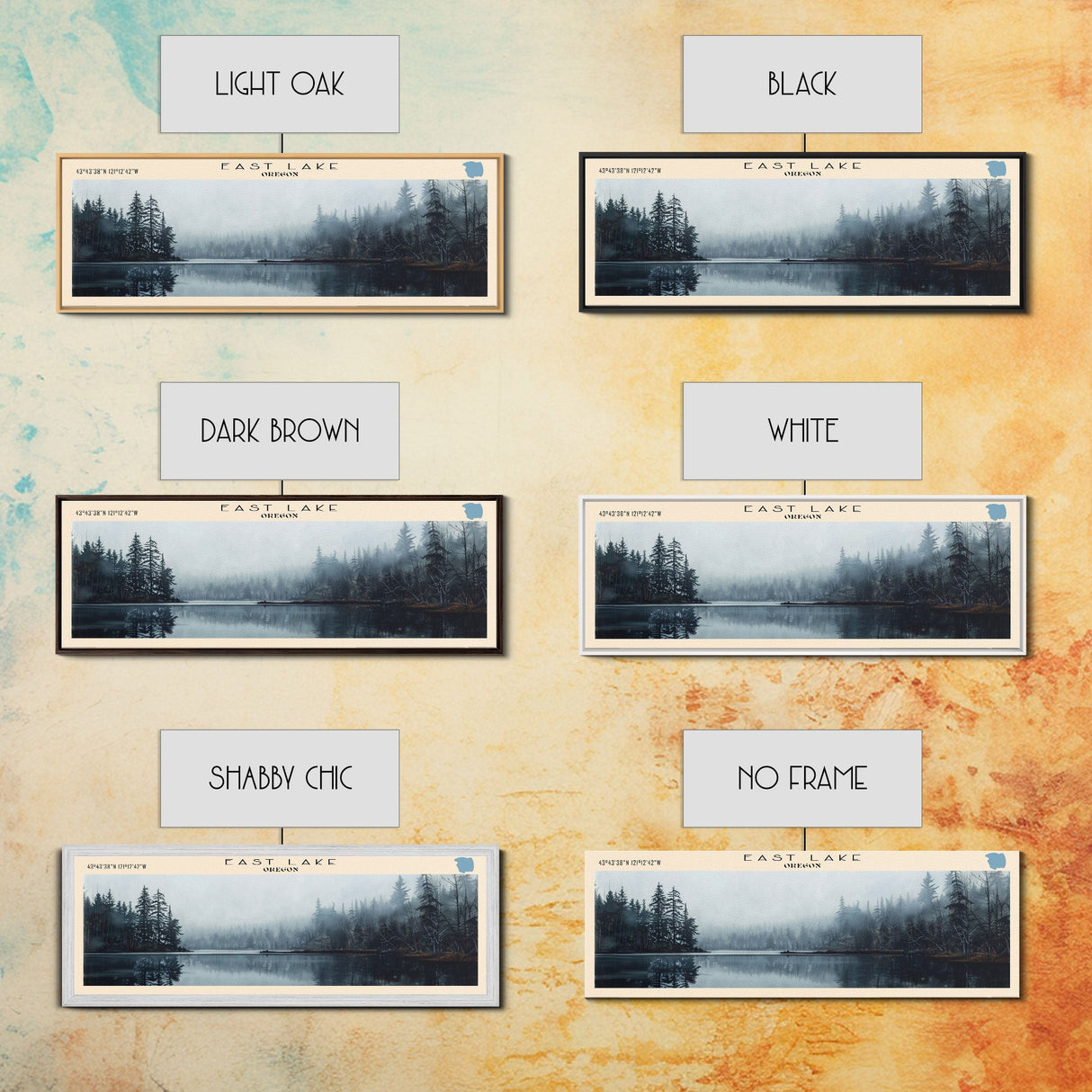 East Lake Oregon Framed Canvas Print, Panoramic Lake House Decor, Wall Art, Travel Poster, Rustic Lake Painting, Home Decor