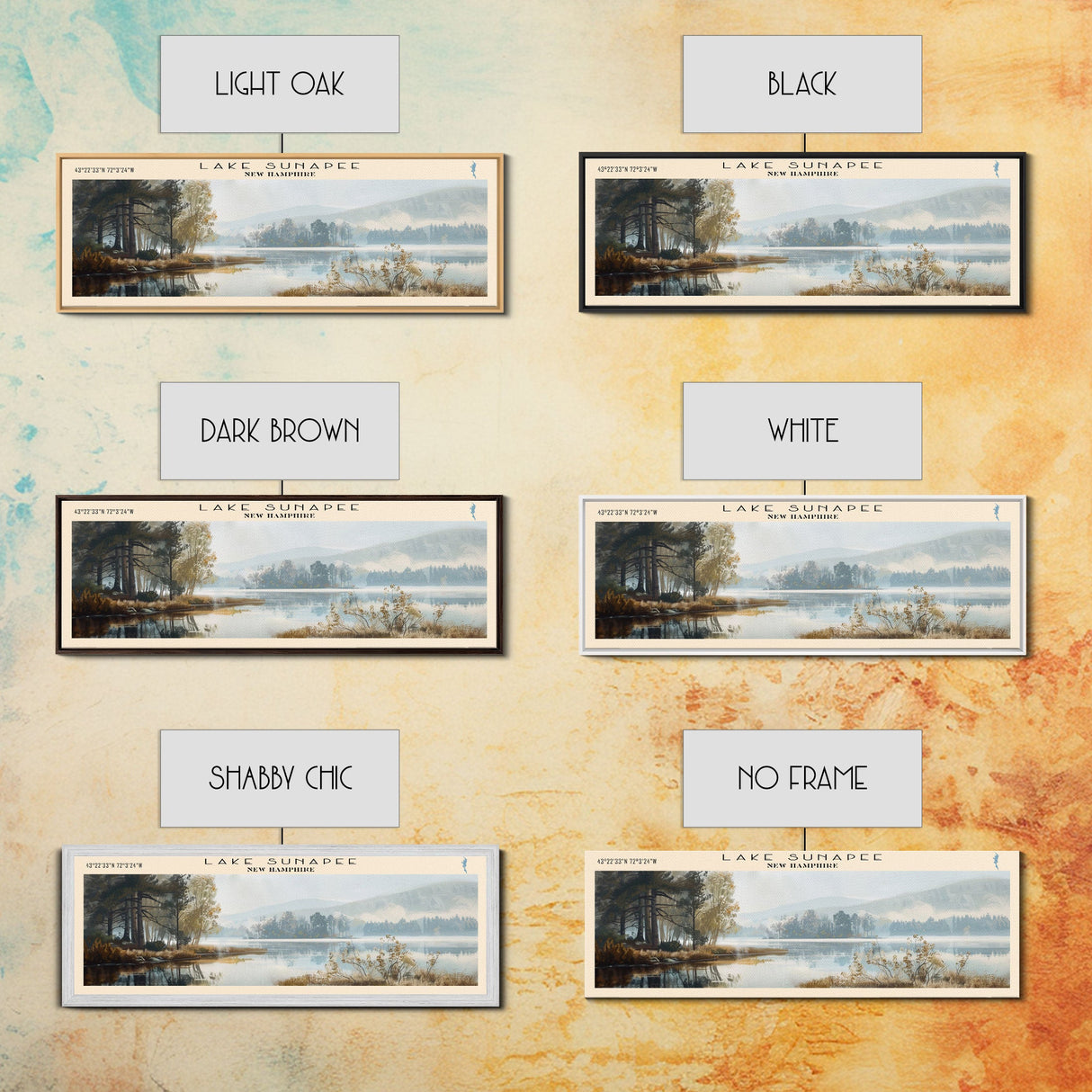 Lake Sunapee New Hampshire Framed Canvas Print, Lake House Decor, Panoramic Wall Art, Travel Poster, Scenic Landscape Painting, Living Room Decor