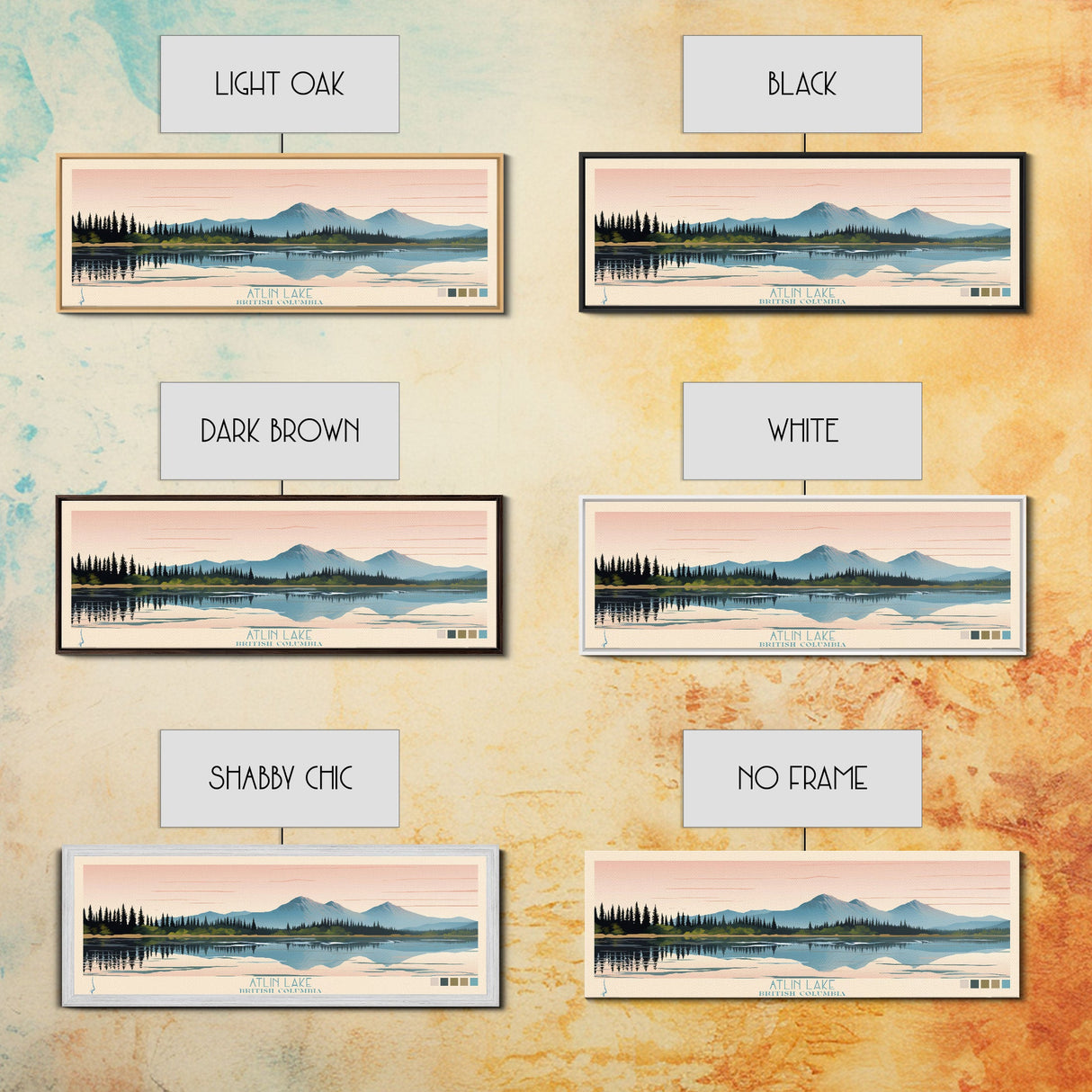 Atlin Lake British Columbia Framed Canvas Print, Panoramic Travel Poster, Midcentury Modern Wall Art, Pop Art, Bedroom Decor