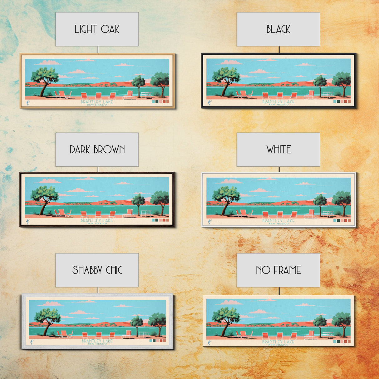 Brantley Lake New Mexico Framed Canvas Print, Midcentury Modern Panoramic Wall Art, Living Room Decor, Pop Art, Travel Poster Art, Scenic Nature Painting