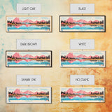 Calling Lake Alberta Framed Canvas Print, Midcentury Modern Panoramic Wall Art, Living Room Decor, Pop Art, Travel Poster Art, Scenic Nature Painting