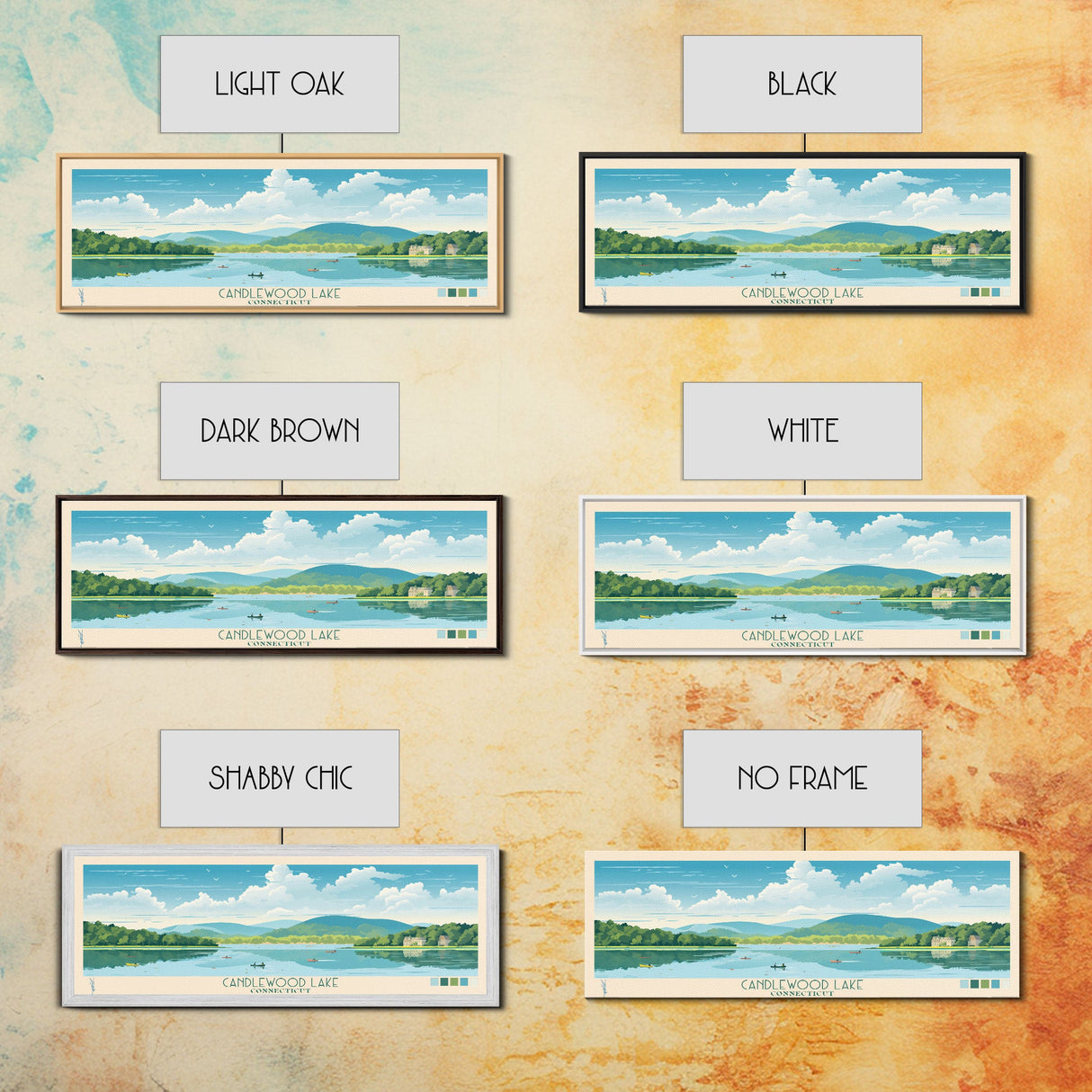 Candlewood Lake Connecticut Framed Canvas Print, Pop Art Panoramic Travel Poster, Midcentury Modern, Wall Art, Scenic Nature Painting, Bedroom Decor