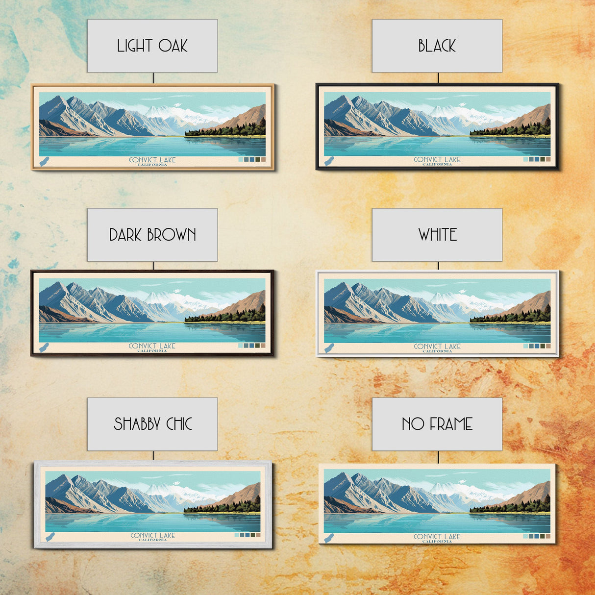 Convict Lake California Framed Canvas Print, Midcentury Modern Panoramic Wall Art, Living Room Decor, Pop Art, Travel Poster Art, Nature Art, Lake House Decor