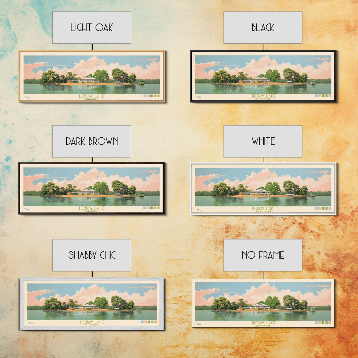 DeGray Lake Arkansas Framed Canvas Print, Midcentury Modern Panoramic Wall Art, Bedroom Decor, Pop Art, Travel Poster Art, Scenic Nature Painting