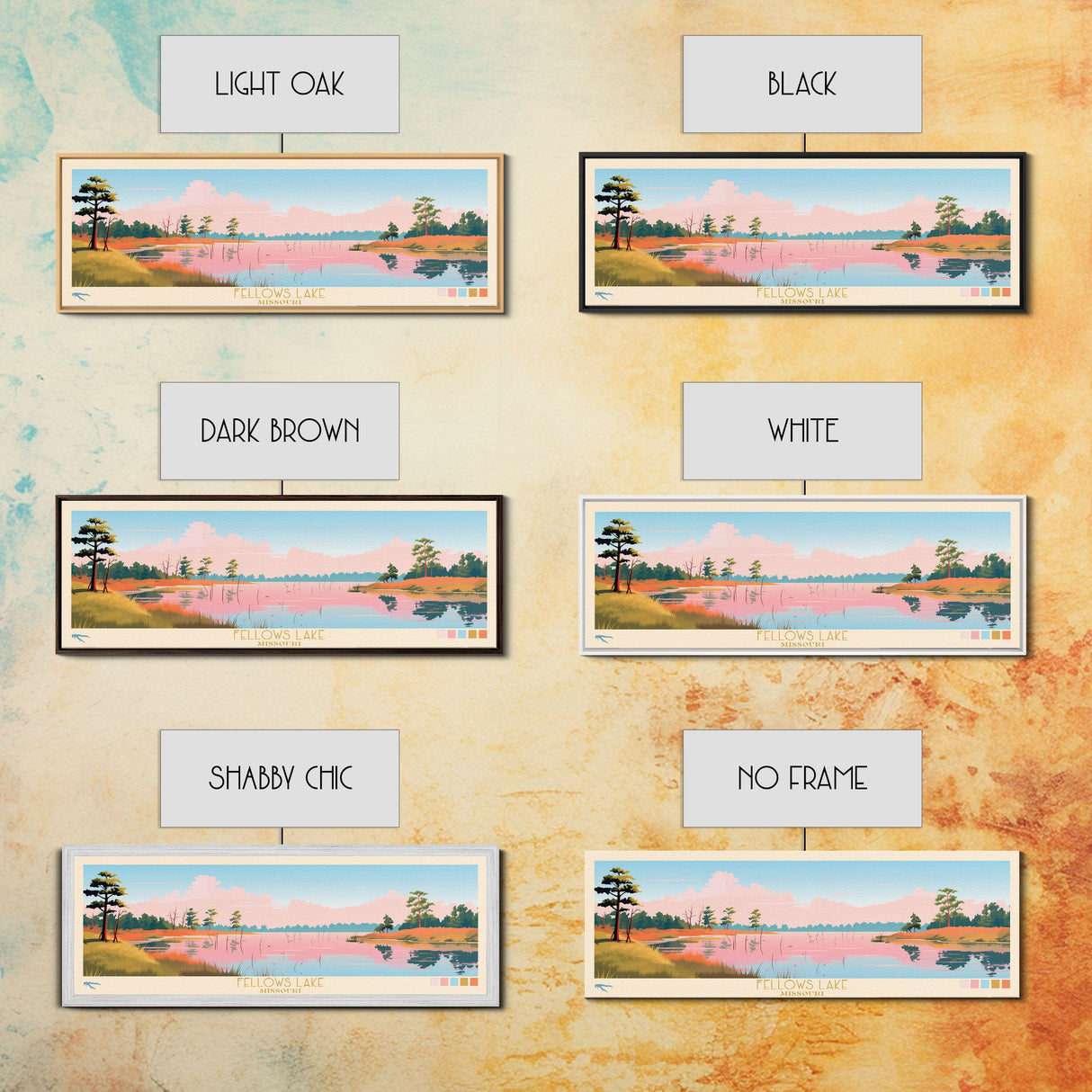 Fellows Lake Missouri Framed Canvas Print, Panoramic Wall Art, Midcentury Modern, Pop Art, Bedroom Decor, Travel Poster, Artistic Decor, Nature Painting