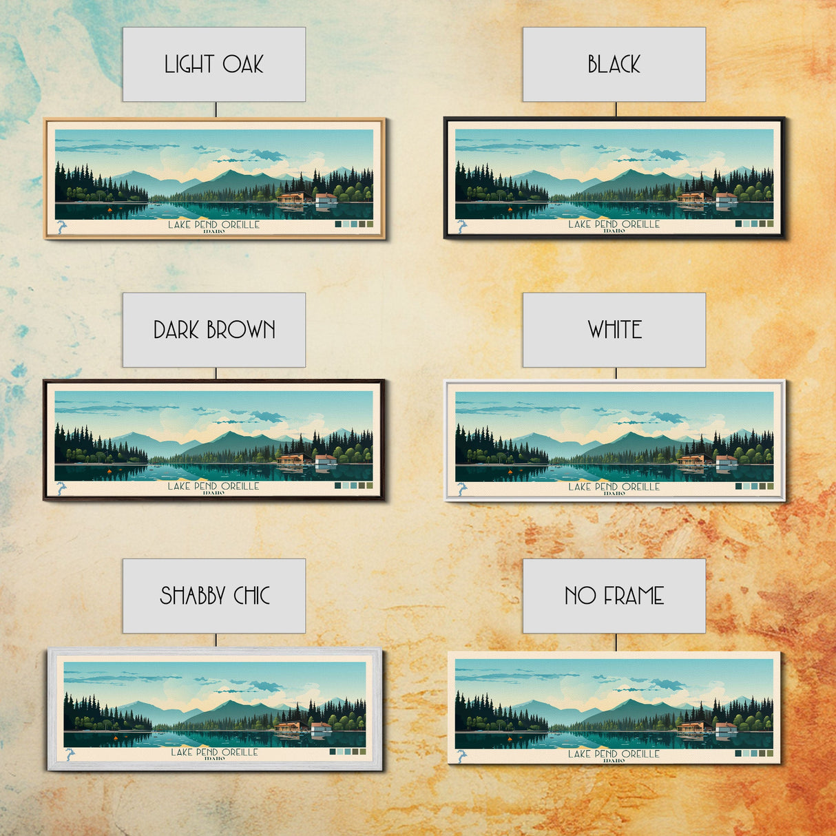 Lake Pend Oreille Idaho Framed Canvas Print, Panoramic Wall Art, Midcentury Modern, Pop Art, Living Room Decor, Travel Poster, Lake House Art