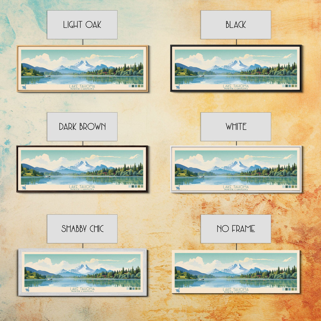 Lake Tahoma North Carolina Framed Canvas Print, Panoramic Wall Art, Midcentury Modern, Pop Art, Living Room Decor, Travel Poster, Lake House Art