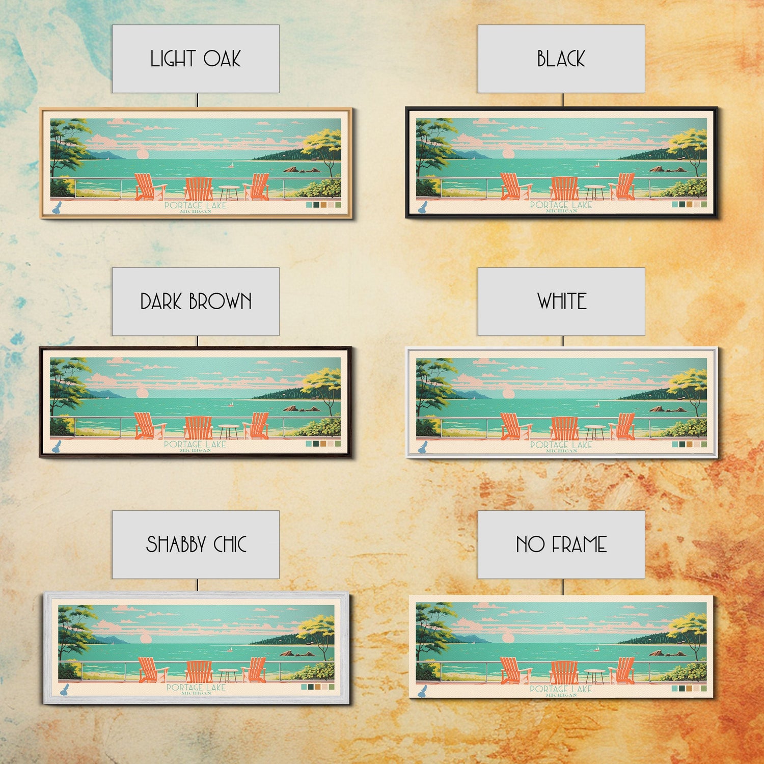 Portage Lake, Michigan Framed Canvas Print, Bedroom Art, Midcentury Modern, Pop Art, Panoramic Wall Art, Travel Poster