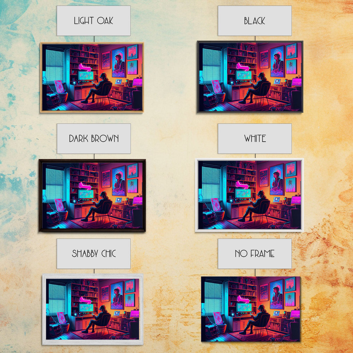 Jacked In - VR headset art, synthwave framed canvas print, cool office art