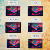 Synthwave style watercolor painting of a mountain and forest, framed canvas print, colorful wall art