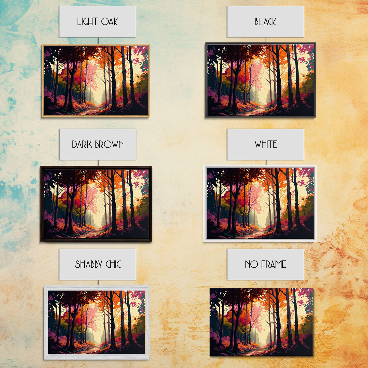 Pop Art Style Fall Forest Landscape, Framed Canvas Print, Unique living room wall art, above sofa art, Color Pop forest art