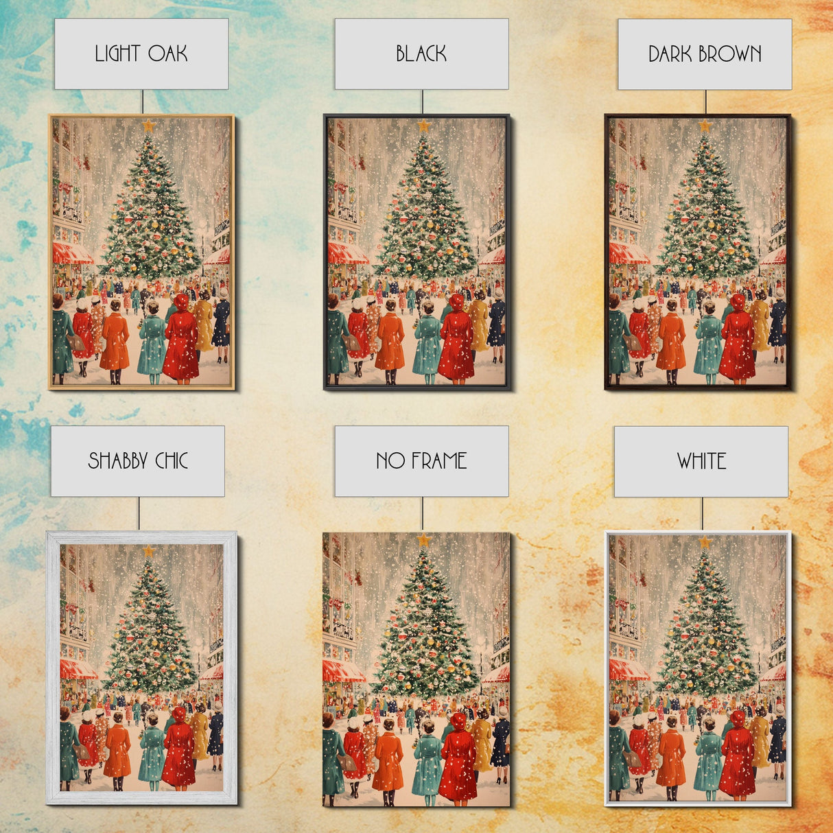 Large Christmas Tree in Snowy Town Square with People Gathering for the Holidays, Framed Canvas Print for Christmas Wall Art