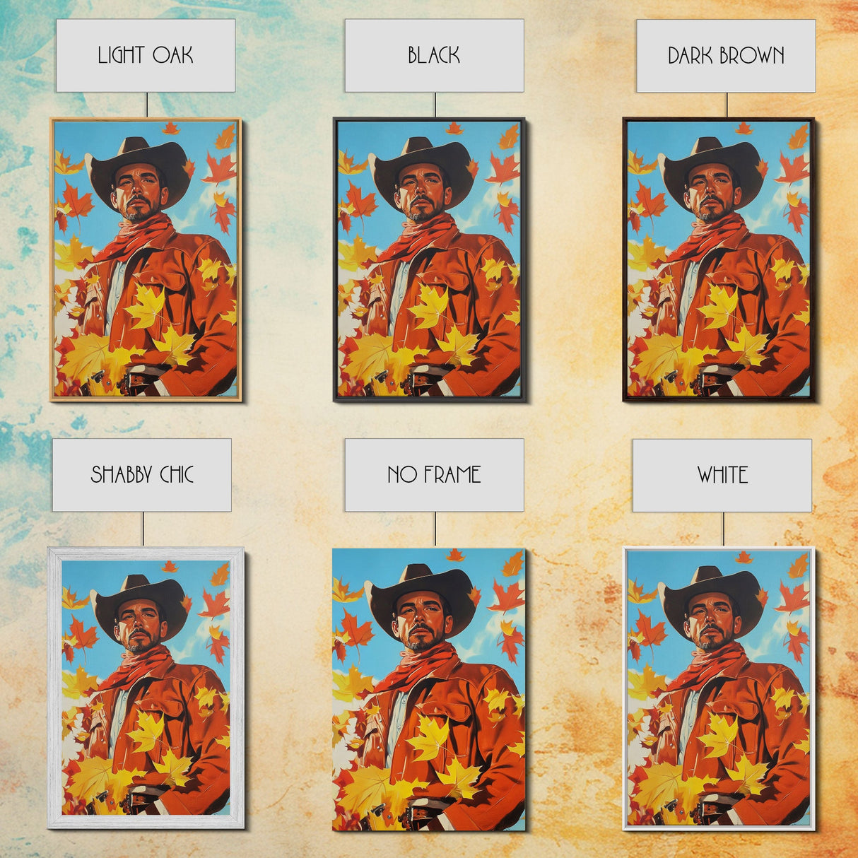 Autumn Cowboy Holiday Decor Framed Canvas Print with Leaves, Colorful Seasonal Wall Art Gift Idea 2024