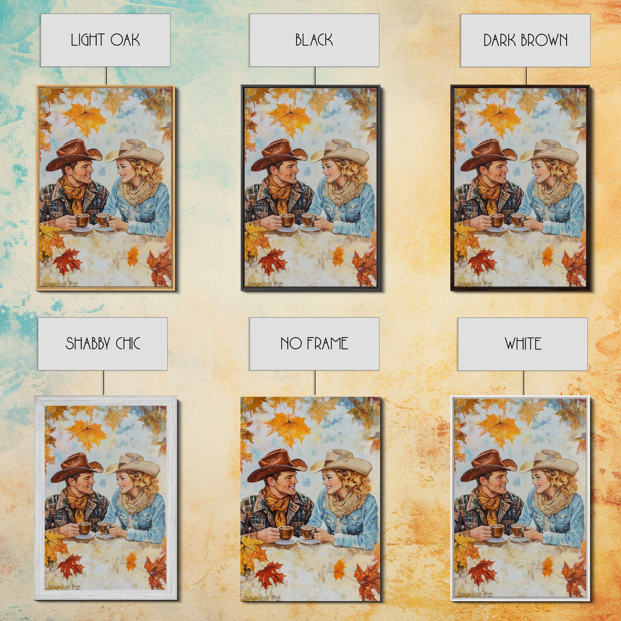 Cowboy and Cowgirl Fall Scene Framed Canvas Print - 2024 Rustic Autumn Love Country Art Gift Idea Fall Wall Decor