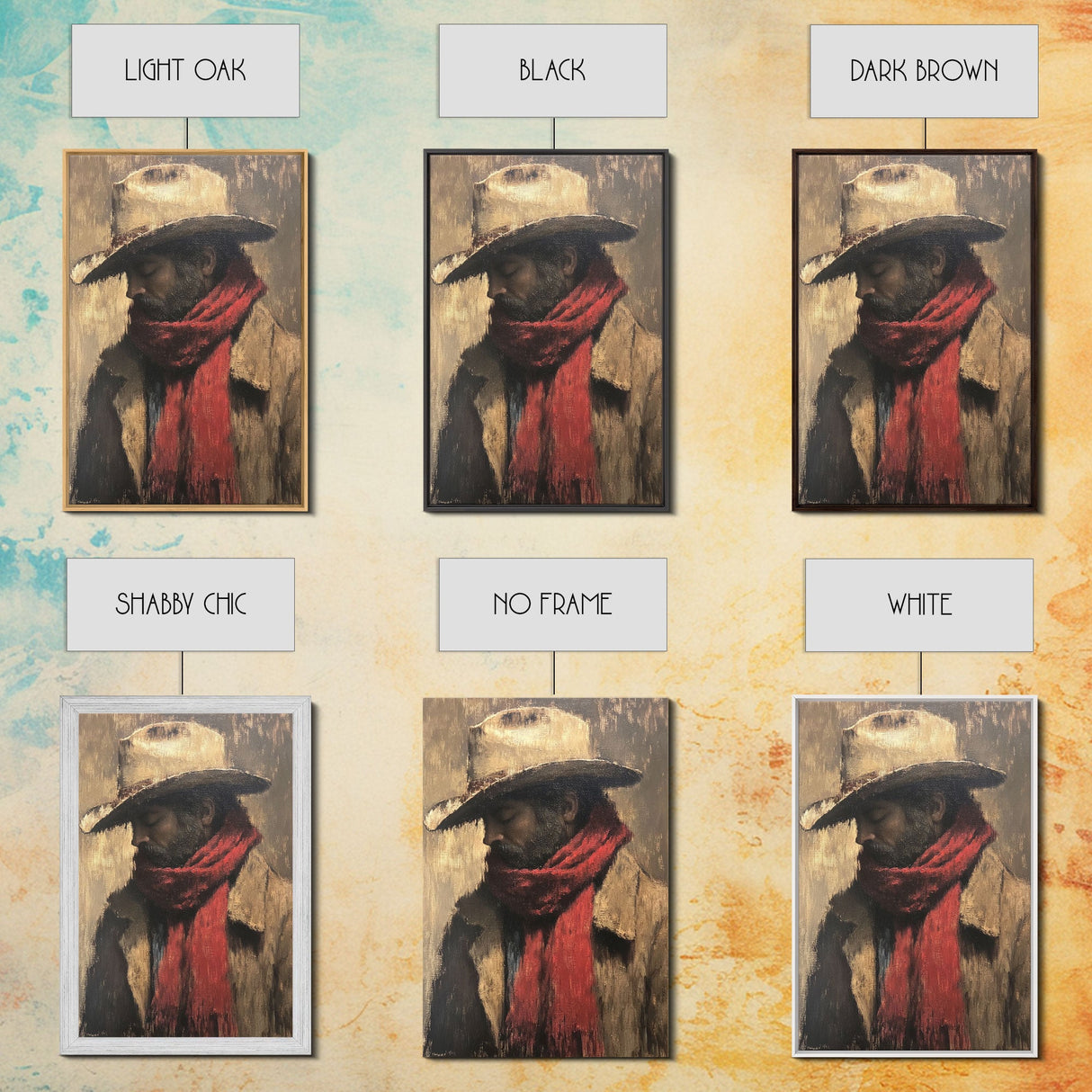 Moody Cowboy with Red Scarf Framed Canvas Print - Rustic Winter Landscape Art Best Gift Idea 2024 Christmas Wall Art