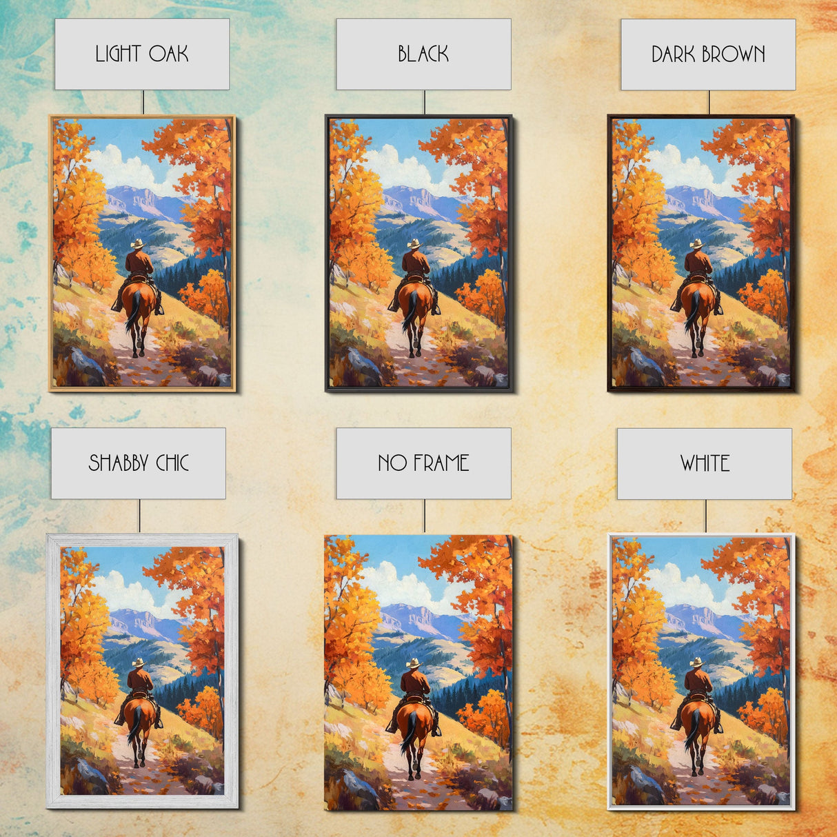 Cowboy Riding Through Autumn Mountains Framed Canvas Print Fall Landscape Art Christmas Decor Seasonal Wall Art Cowboy Christmas Gift Idea