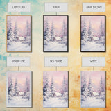 Pink Snowy Cabin Landscape Framed Canvas Print Wall Art Winter Wonderland Decor, Christmas Art Gift, Rustic Winter Scene Art