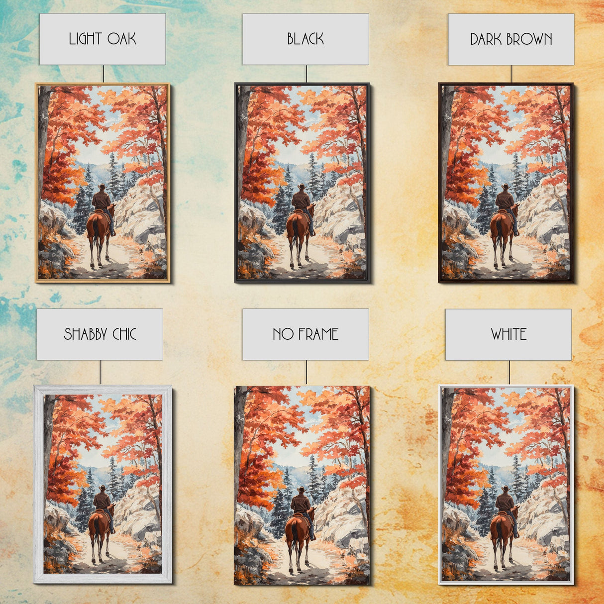 Cowboy riding through autumn forest, Framed Canvas Print, fall landscape wall art, western style decor for cozy homes, perfect gift idea