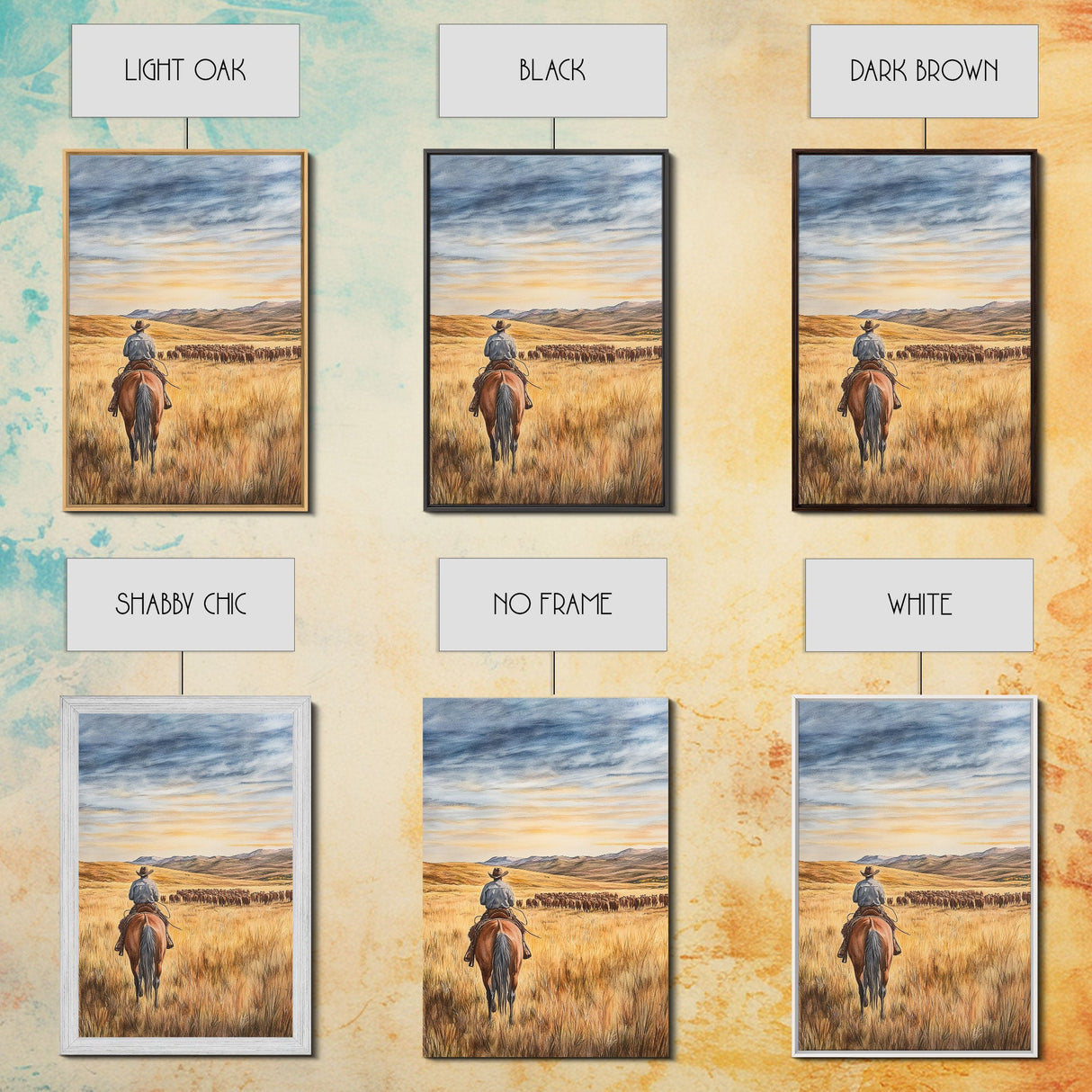 Cowboy leading cattle across golden prairie, Framed Canvas Print, western landscape wall art for rustic farmhouse decor, gift idea holiday