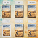 Cowboy leading cattle across golden prairie, Framed Canvas Print, western landscape wall art for rustic farmhouse decor, gift idea holiday