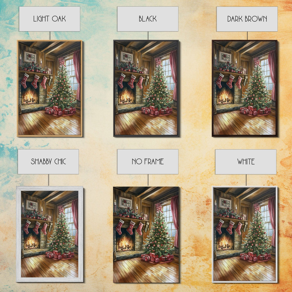 Cozy farmhouse Christmas interior Framed Canvas Print with tree stockings and fireplace, warm holiday art rustic Christmas decor mantle