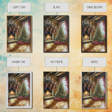 Cozy farmhouse Christmas interior Framed Canvas Print with tree stockings and fireplace, warm holiday art rustic Christmas decor mantle