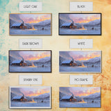 Cozy Snowy Log Cabin Tall Art Framed Canvas Print Winter Home Decor With Warm Fireplace And Horse Rider Under A Beautiful Sunset Scene