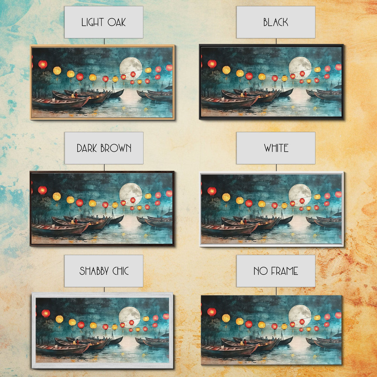 Framed Canvas Print Full Moon Lanterns on Boats, Dreamy Night Scene, Watercolor Christmas Art, Unique Holiday Decor, Coastal Christmas