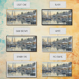 Snowy Boats at a Festive Pier Scene, Framed Canvas Print, Coastal Christmas Decor, Art, Winter Wonderland, Nautical Christmas Wall Print