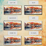 Fishing boats in harbor with autumn trees, framed canvas print, fall coastal art, rustic nautical decor, perfect gift idea, autumn wall art