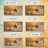 Cowboy riding horse through deep snow in a winter storm, Framed Canvas Print, dynamic winter wall art, rustic western home decor
