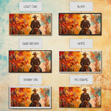 Cowboy Riding Through The Autumn Trees, Framed Canvas Print, Rustic Farmhouse Wall Art, Boho Style Seasonal Watercolor Painting