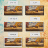 Horseback Riders In Autumn Near Barn, Rustic Fall Wall Art, Cozy Farmhouse Decor Framed Canvas Print, Harvest Time Country Art