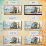 Coastal Christmas Scene Surfboards Christmas Tree Framed Canvas Print, Beach Holiday Decor Wall Art With Surfing Theme
