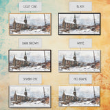 Snowy church scene framed canvas print, stained glass church in winter with snow-covered rooftops, perfect Christmas or holiday art display