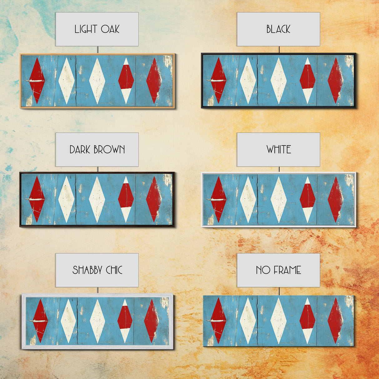 Red & White Diamonds - Framed Canvas Print - Rustic / Distressed MCM Mashup Home Decor - Turquoise Background
