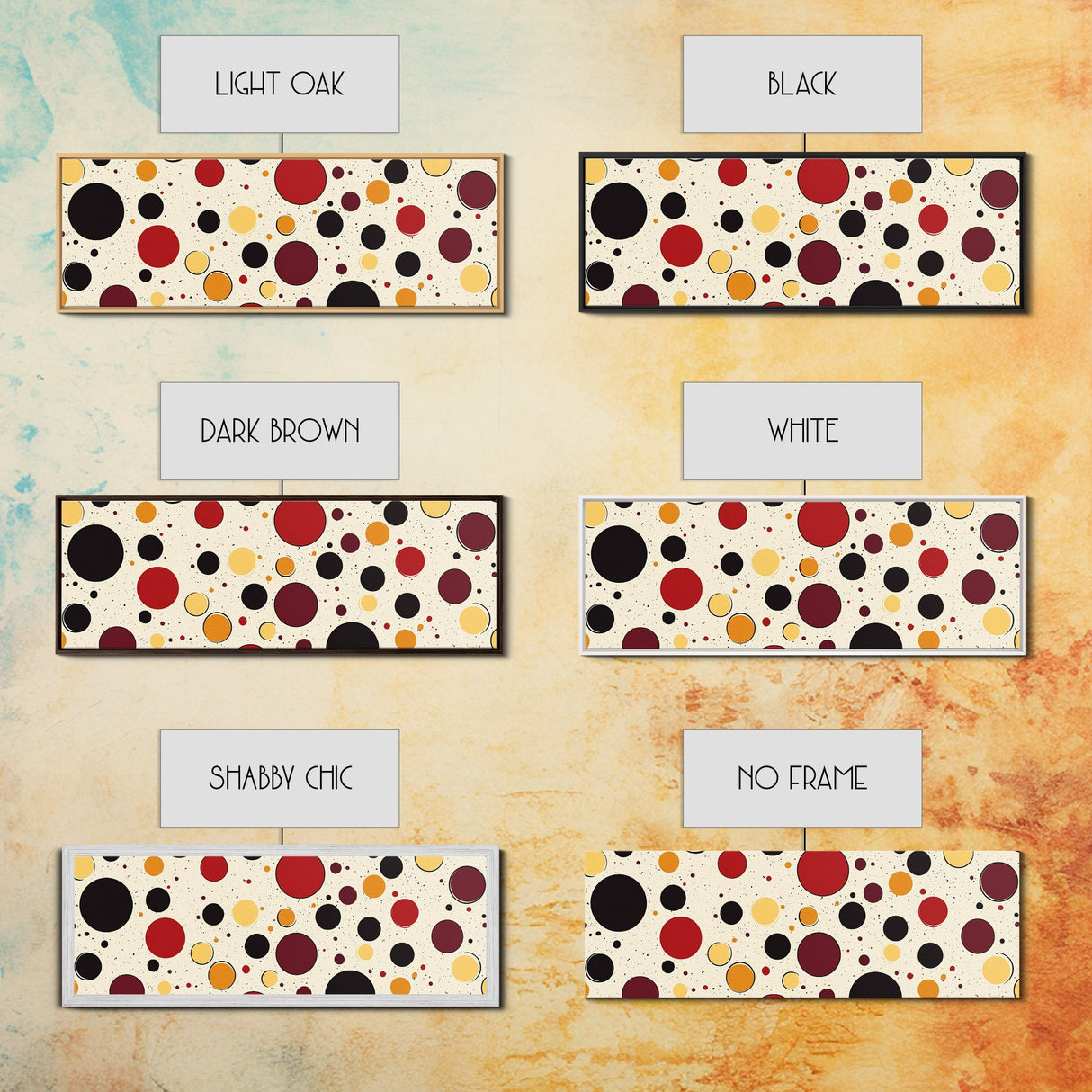 Polka Dots - Framed Canvas Print - MCM Inspired Midcentury-Modern Wall Art - Red, Yellow and Black Dots on a White Background