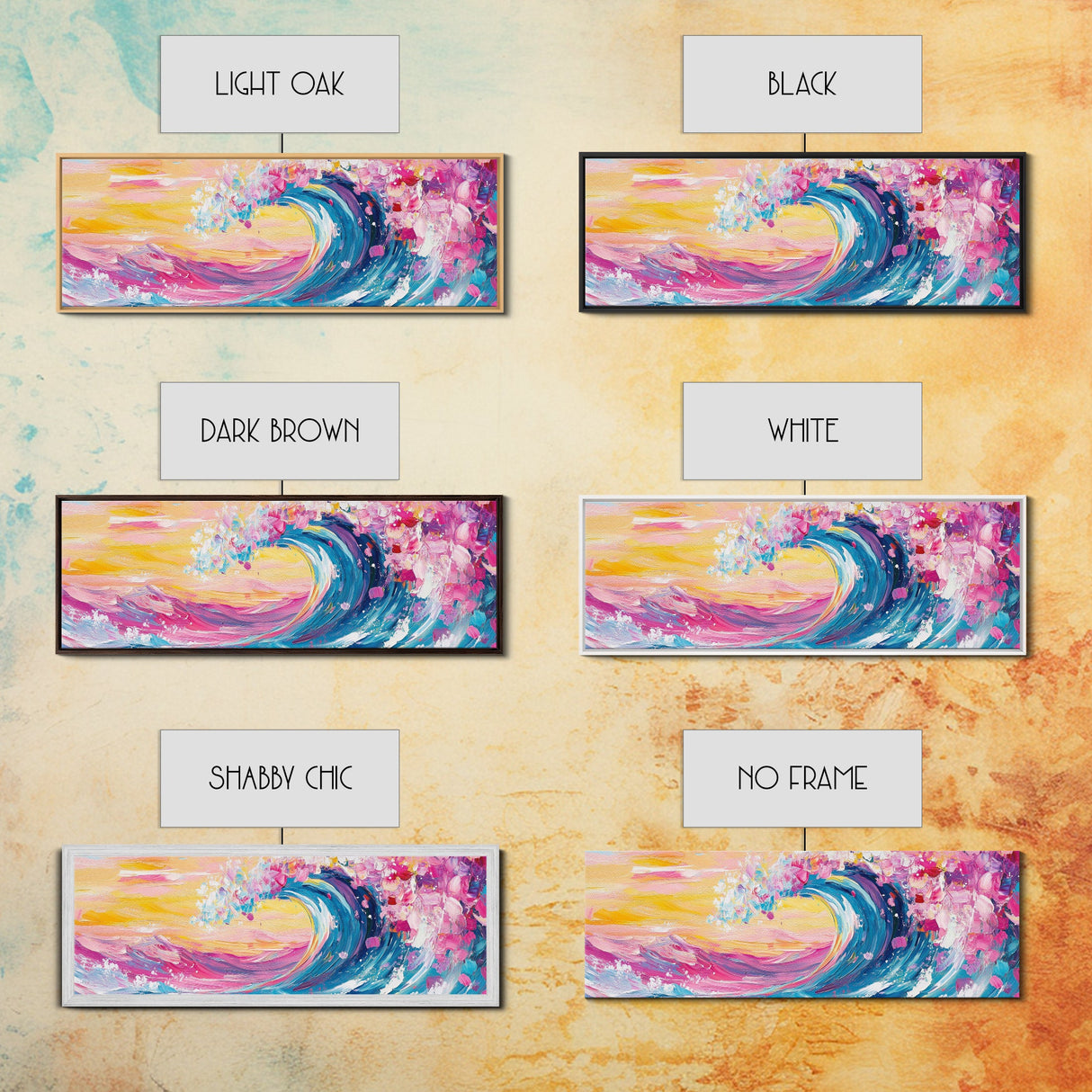Rainbow Waves, Pink and Turquoise Ocean Waves Framed Canvas Print, Eclectic Kitsch Decor, Retro Farmhouse Wall Art
