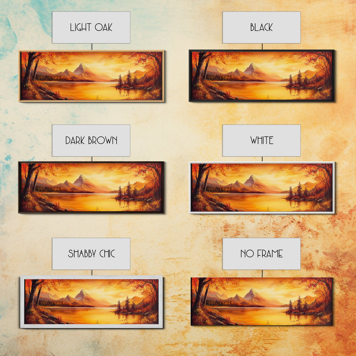 Golden Hour Over The Mountains, Sunset Landscape Painting Print, Wood Framed Artwork, Ultra Wide Panoramic Print
